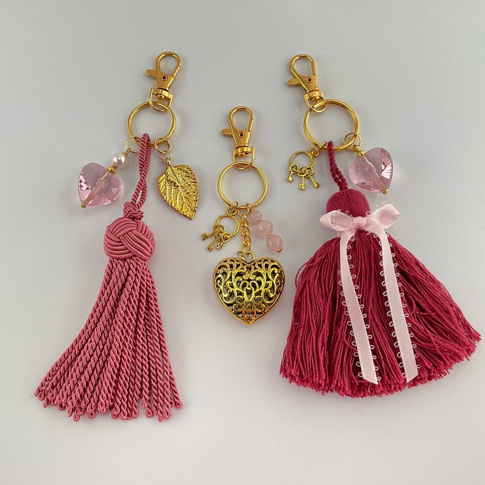 Gold Filigree Heart Purse Charm, Key Chain, Rose Quartz & Miniature Keys Charm - Picture 7 of 7